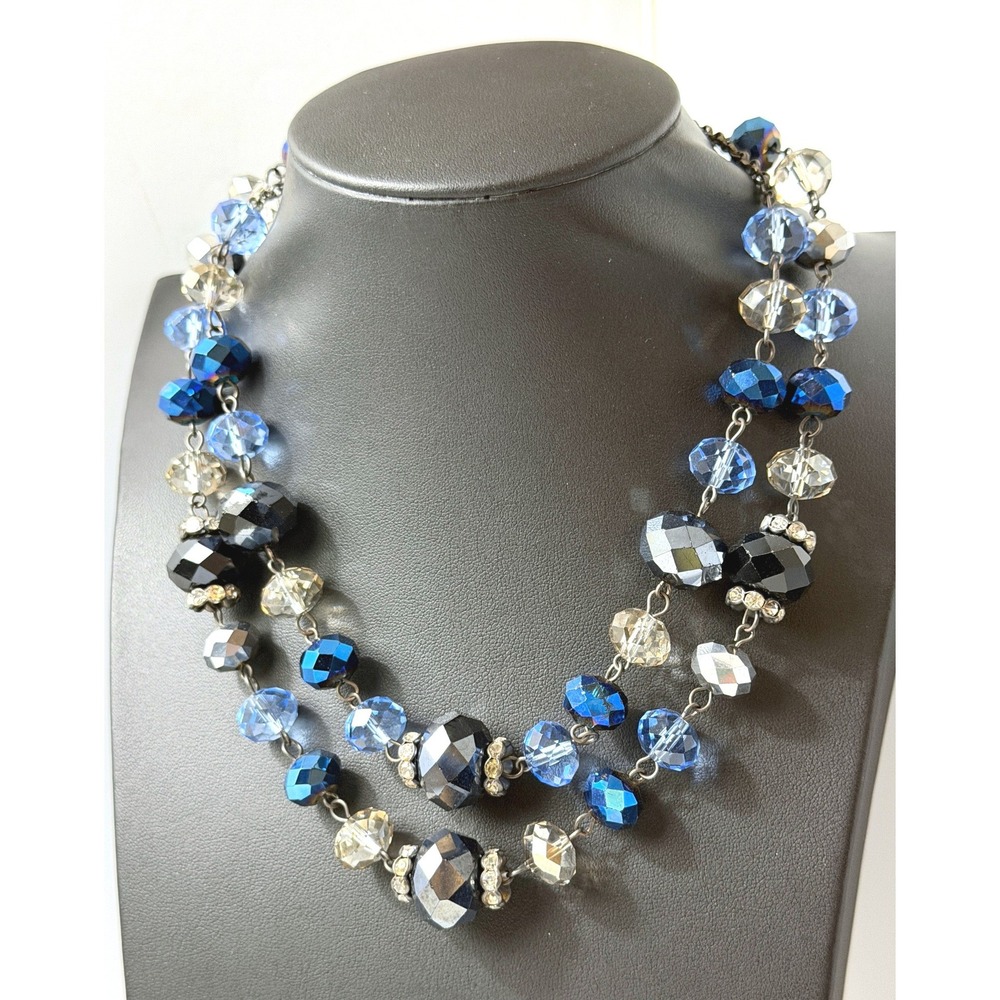 Trifari Beaded Necklace Glass Blue Black Silver Tone